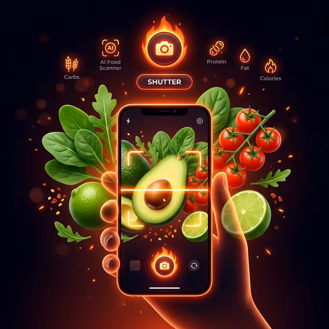 Phone camera scanning an avocado and other produce to detect calories and macros